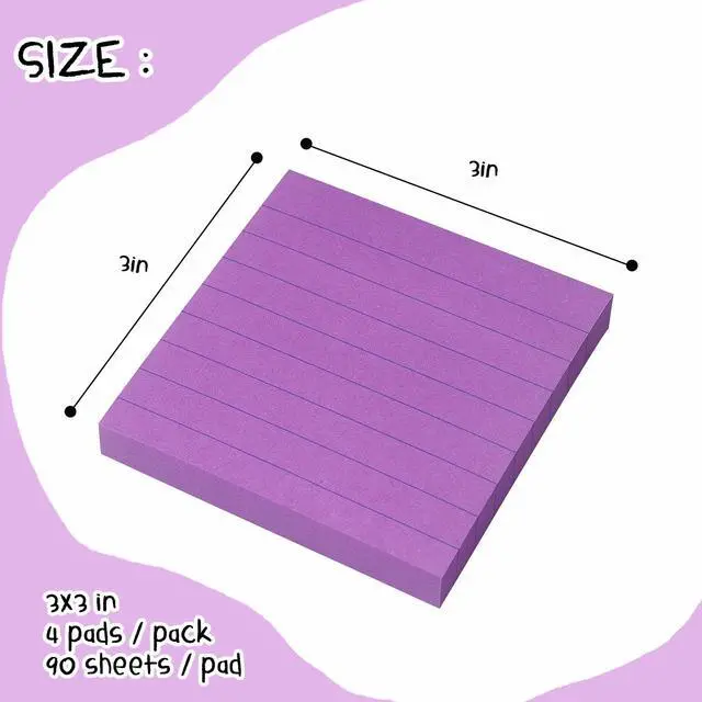 Alt view image 2 of 7 - Lined Sticky Notes 3x3 in, Self-Adhesive, 4 Pads, 90 Sheets Each(Purple)