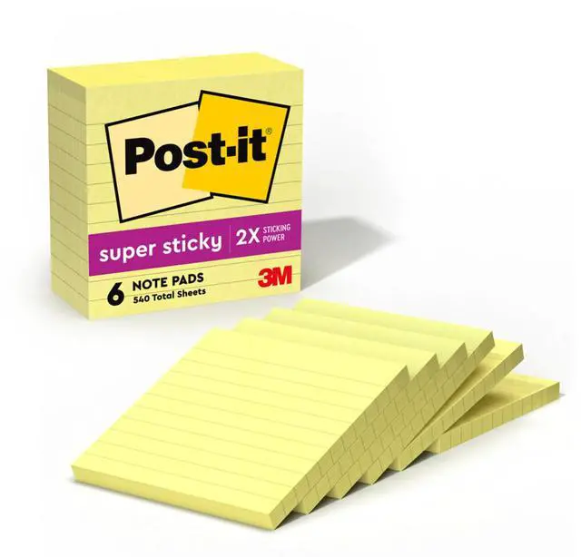 Main image of Super Sticky Notes, 4 x 4 in, Canary Yellow, 6 Lined Pads