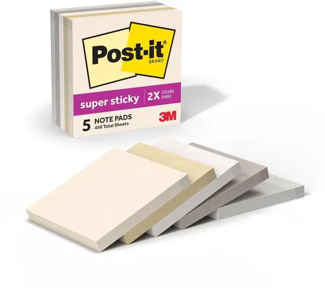 Main image of Super Sticky Notes, 3 x 3 in, Neutrality, 5 Pads, 90 Sheets/Pad
