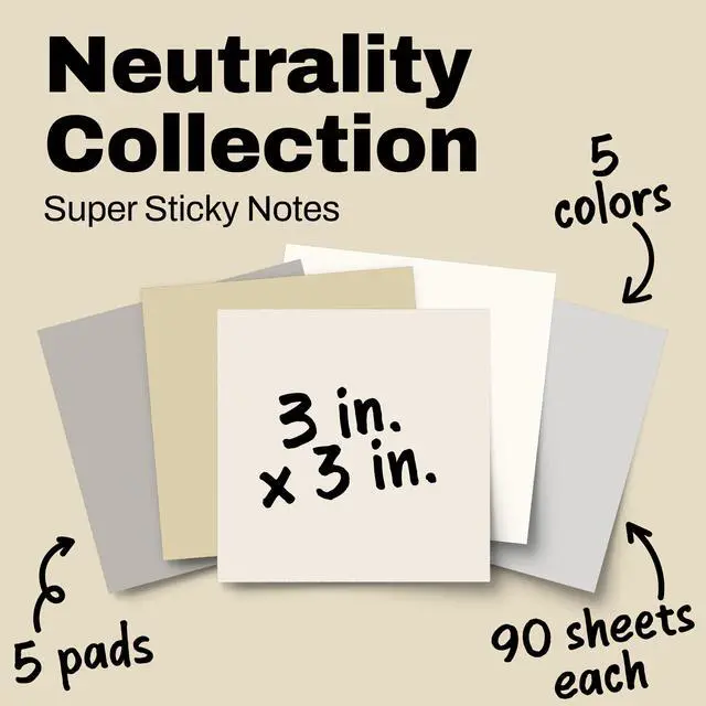 Alt view image 2 of 7 - Super Sticky Notes, 3 x 3 in, Neutrality, 5 Pads, 90 Sheets/Pad
