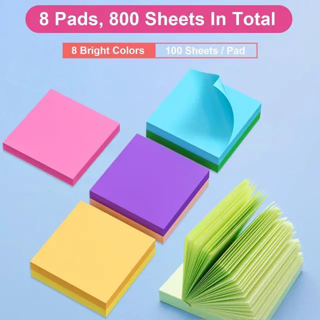 Alt view image 2 of 7 - Sticky Notes 3x3 Inch, 8 Pads, 800 Sheets, 8 Bright Colors Sticky Note Pad, Bulk Self-Stick Pads, Home Office School Supplies, Clean Removal, Recyclable, Easy to Post for Notebook, 100 Sheets/Pad