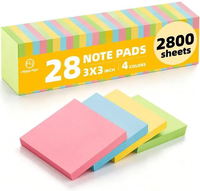 Main image of Sheets Sticky Notes 3x3 Inch100 Sheets/Pad, 4 Soft Colors (Yellow, Green, Pink, Blue) Light Colored Self-Stick Pads, Bulk Office Supplies for Work, School & Home
