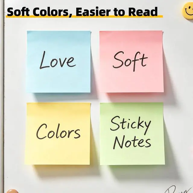 Alt view image 4 of 7 - Sheets Sticky Notes 3x3 Inch100 Sheets/Pad, 4 Soft Colors (Yellow, Green, Pink, Blue) Light Colored Self-Stick Pads, Bulk Office Supplies for Work, School & Home