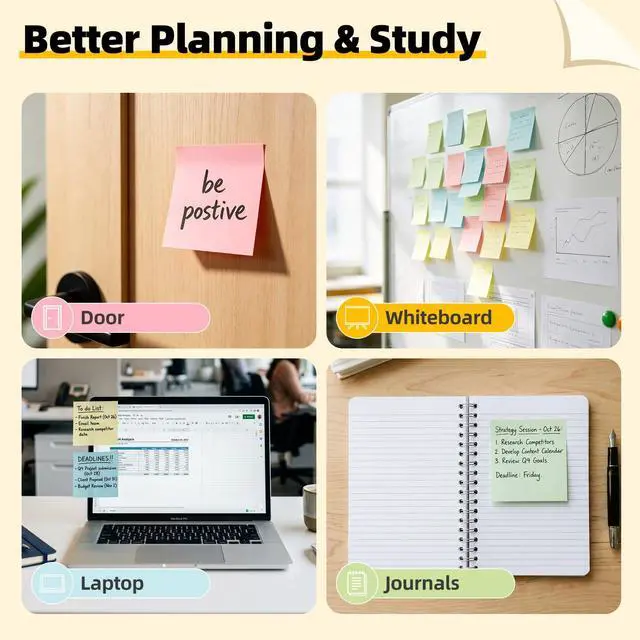 Alt view image 5 of 7 - Sheets Sticky Notes 3x3 Inch100 Sheets/Pad, 4 Soft Colors (Yellow, Green, Pink, Blue) Light Colored Self-Stick Pads, Bulk Office Supplies for Work, School & Home