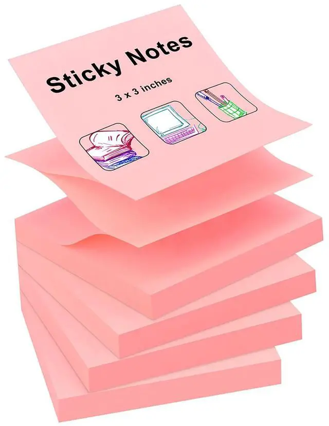 Main image of Sheets Pop-up Sticky Notes, 3 x 3 Inches, 4 Pads Bright Color Self-Stick Notes, 100 Sheets/Pad, Pink