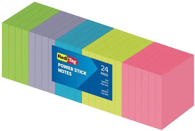 Main image of Sticky Notes, Power Stick Notes, Adhesive Reminders, 3" x 3" Reusable Notes, Strong Adhesive Memos, Assorted Bright Colors, 24 Pack (1000978)
