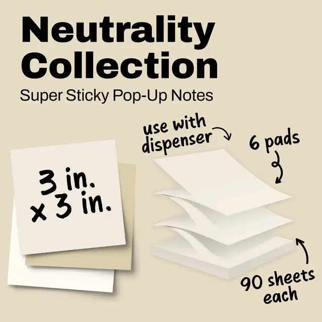 Alt view image 2 of 7 - Super Sticky Dispenser Notes, 3 x 3 in, Neutrality Colors, 6 Pads