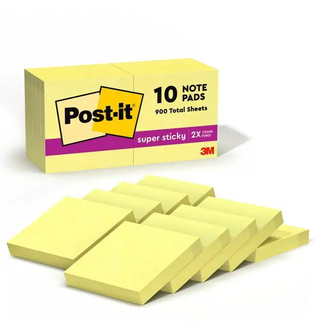 Main image of Super Sticky Notes, 2 in x 2 in, 10 Pads, 2X Sticking Power, Canary Yellow, Recyclable