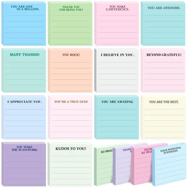 Main image of 18 PCS Inspirational Sticky Notes with Lines, Adhesive Note Pads Motivational Fun Notepads, Employee Appreciation Gifts Bulk for Teacher, Nurse, Coworkers, Office, Work & Study Supplies (3 x 3)