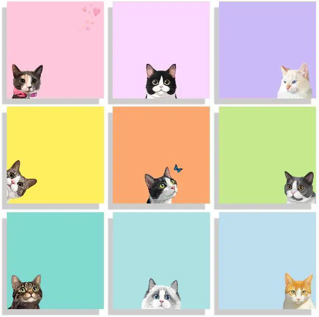 Main image of 9 Pads Cute Sticky Notes Set, 3" x 3" Black Cat Self Stick Notepads, Funny Sticky Notes Set, Cat Stationery, Kawaii Adhesive Memo Pads, Cat Lover Gifts, Office Decor Desk Accessories, School Supplies