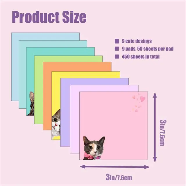 Alt view image 4 of 7 - 9 Pads Cute Sticky Notes Set, 3" x 3" Black Cat Self Stick Notepads, Funny Sticky Notes Set, Cat Stationery, Kawaii Adhesive Memo Pads, Cat Lover Gifts, Office Decor Desk Accessories, School Supplies