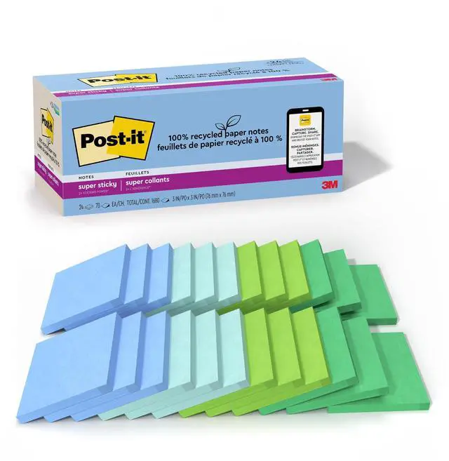 Main image of Recycled Super Sticky Notes, 3 x 3 in, Oasis, 6 Pads