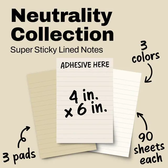 Alt view image 2 of 7 - Super Sticky Notes, 4 x 6 in, Neutrality, 3 Lined Pads