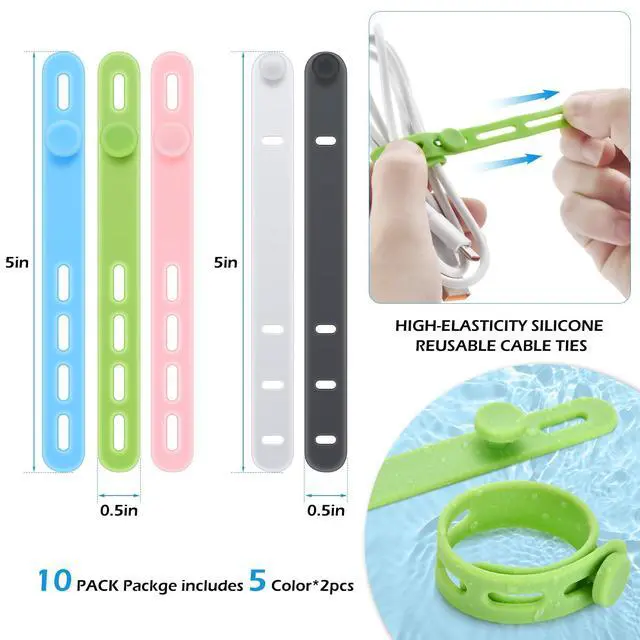 Alt view image 2 of 7 - Silicone Cable Ties, Cord Organizer Ties, Cord Ties Reusable, Cord Wrap Cable Organizer 5Inch Cable Management 10 Pcs (5 Color) Cbfoeyk