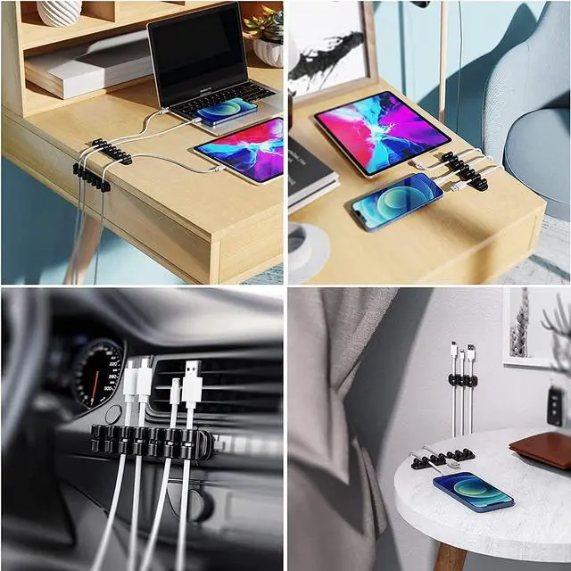 Alt view image 6 of 7 - Upgraded Cable Holder, Cable Management Cord Organizer Clips Silicone Self Adhesive for Desktop USB Charging Cable Power Cord Bedside Wire PC Office Home (3/5/7 slot,Black)
