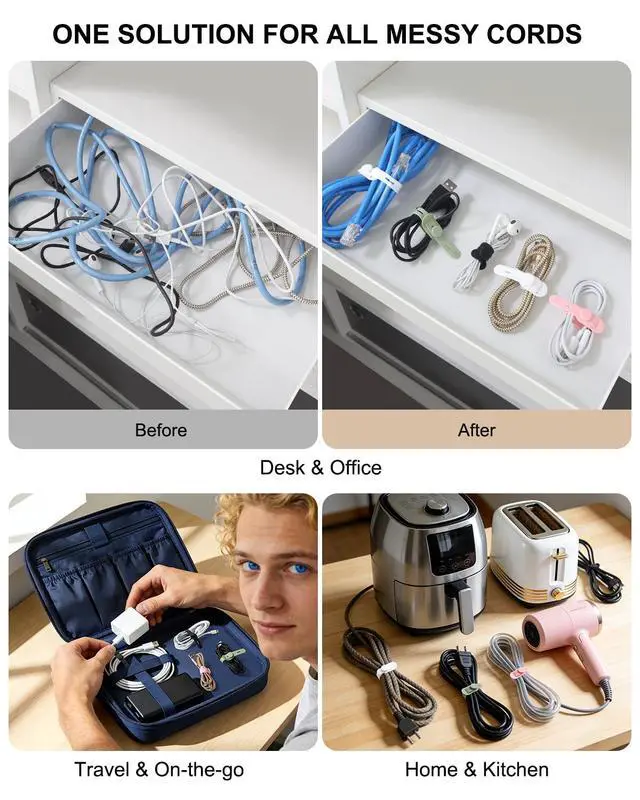 Alt view image 2 of 7 - Reusable Silicone Cable Ties, Soft Cord Bundlers for USB Chargers, Kitchen Appliance, Adjustable Wire Management Straps with Secure Buckle, Travel Tech & Cruise Essentials Keepers, Multicolor