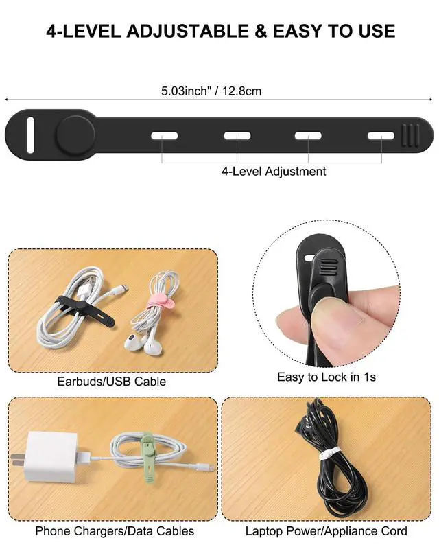 Alt view image 4 of 7 - Reusable Silicone Cable Ties, Soft Cord Bundlers for USB Chargers, Kitchen Appliance, Adjustable Wire Management Straps with Secure Buckle, Travel Tech & Cruise Essentials Keepers, Multicolor