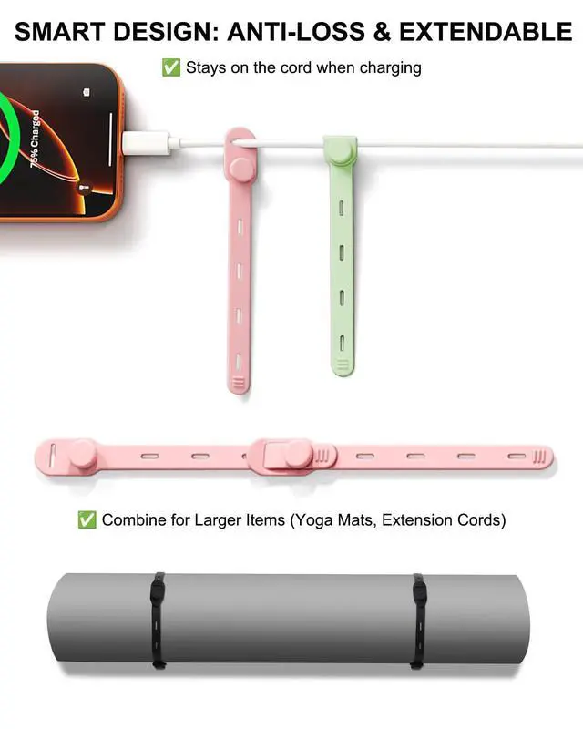 Alt view image 6 of 7 - Reusable Silicone Cable Ties, Soft Cord Bundlers for USB Chargers, Kitchen Appliance, Adjustable Wire Management Straps with Secure Buckle, Travel Tech & Cruise Essentials Keepers, Multicolor