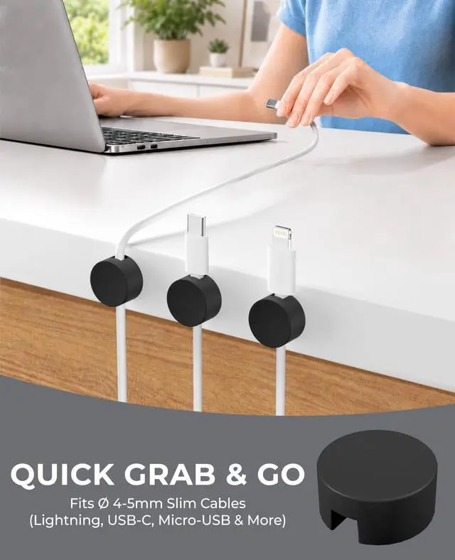 Alt view image 4 of 7 - Magnetic Cable Holder, 5 Cable Clips for Desk Cord Management, Black