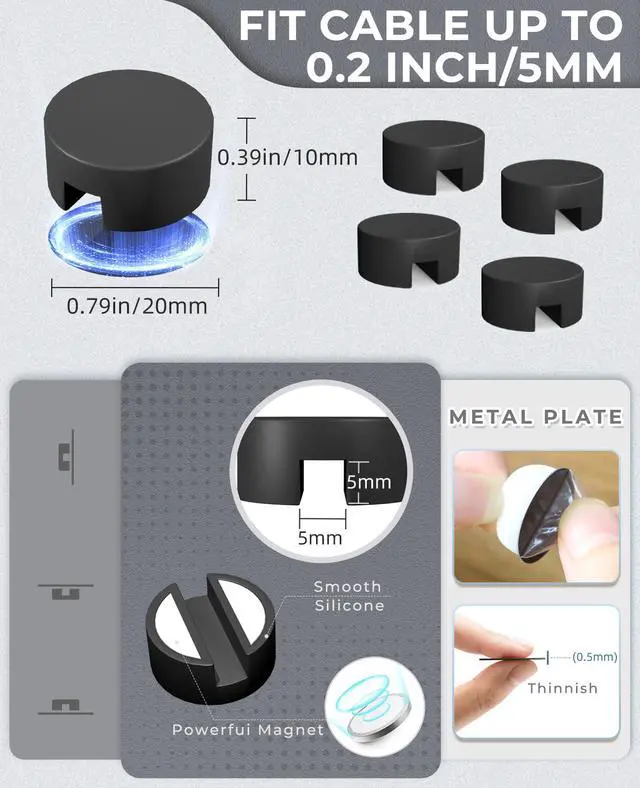Alt view image 7 of 7 - Magnetic Cable Holder, 5 Cable Clips for Desk Cord Management, Black