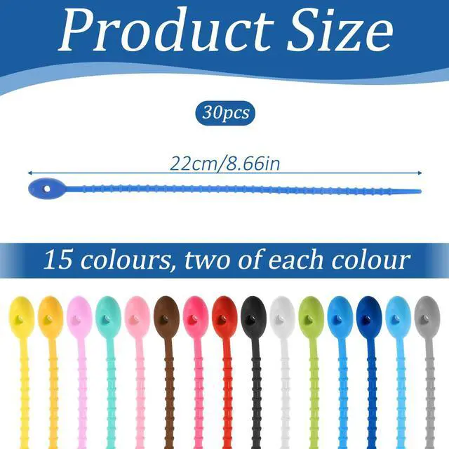 Alt view image 2 of 7 - Colorful Silicone Ties Bag Clip, Reusable Rubber Zip Ties Multi Purpose Rubber Twist Tie Household Twist Straps for Home Office Kitchen Cord Organizer Food Bag Sealing Tie 8 Inch