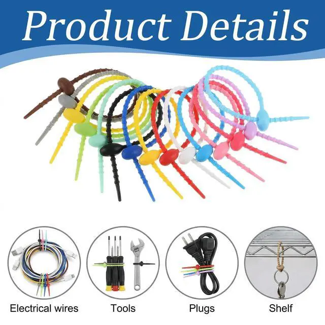 Alt view image 3 of 7 - Colorful Silicone Ties Bag Clip, Reusable Rubber Zip Ties Multi Purpose Rubber Twist Tie Household Twist Straps for Home Office Kitchen Cord Organizer Food Bag Sealing Tie 8 Inch