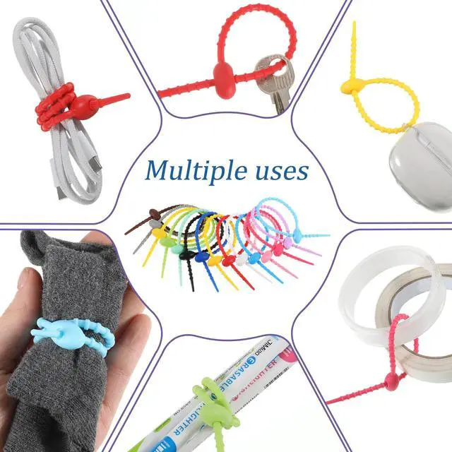 Alt view image 6 of 7 - Colorful Silicone Ties Bag Clip, Reusable Rubber Zip Ties Multi Purpose Rubber Twist Tie Household Twist Straps for Home Office Kitchen Cord Organizer Food Bag Sealing Tie 8 Inch