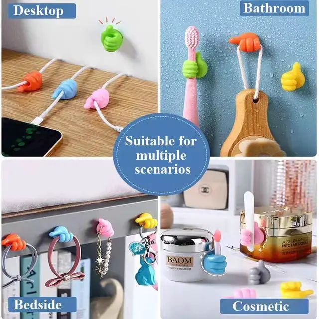 Alt view image 2 of 7 - Self Adhesive Thumb Hooks, Waterproof Cable Holder Wire Cord Clip Management, Cute Thumb Cord Holder for Desk, Wall, Key