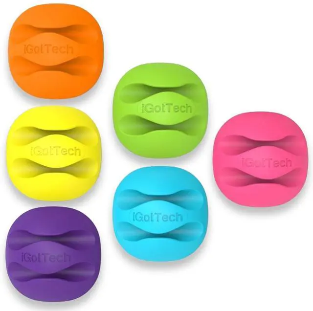 Main image of Cable Clips and Cord Management System 6 Pack of Dual Slotted Adhesive Desktop Cable Organizers | Phone & Computer Wire Holder (Multicolor)