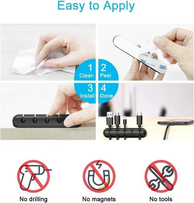 Alt view image 6 of 7 - Cable Organizer Clips (3-Pack), Cord Management Adhesive Silicone Wire Holders for Desk, Car & Home Office - Cable Tidy for USB, Charging & Computer Cables - Black
