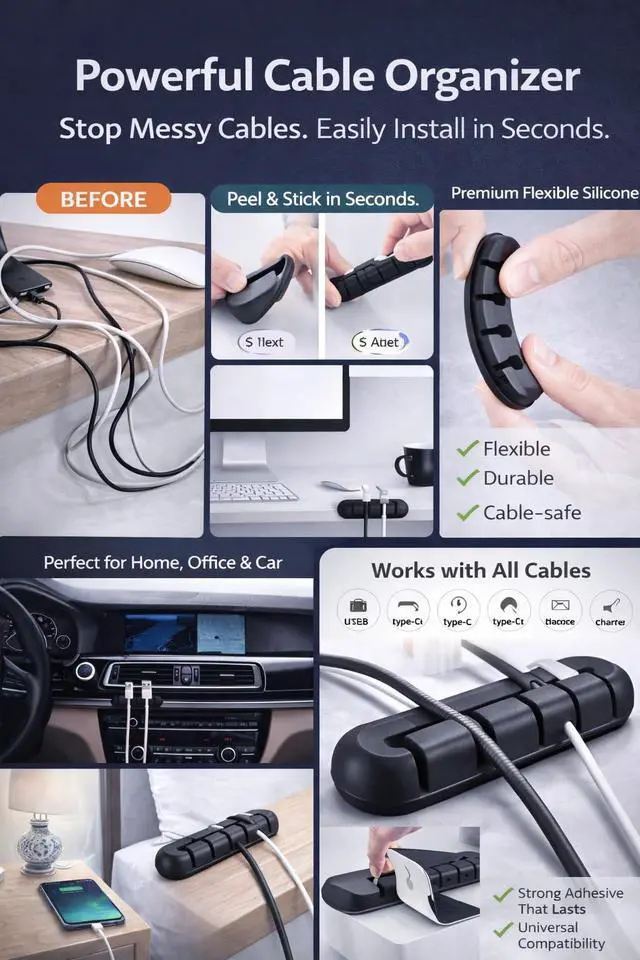 Alt view image 2 of 7 - Cable Organizer for Desk Cord Holder Clips, Cable Management Organizer, Silicone Wire Clips for USB Charging Cable, Headphones, Office & Home Desk Setup