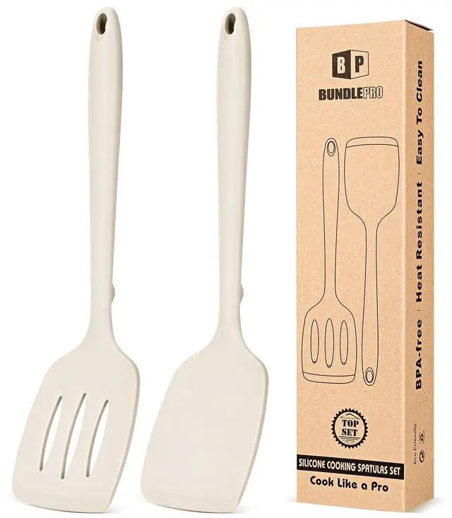 Main image of Pack of 2 Silicone Spatula Turners, Non Stick Slotted Kitchen Spatula Set, Heat Resistant BPA Free Kitchen Utensils, One-Piece Design, Suitable for Flipping Fish, Eggs, Steak, Pancakes(KHAKI)