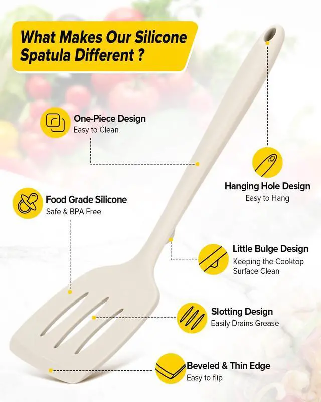 Alt view image 2 of 7 - Pack of 2 Silicone Spatula Turners, Non Stick Slotted Kitchen Spatula Set, Heat Resistant BPA Free Kitchen Utensils, One-Piece Design, Suitable for Flipping Fish, Eggs, Steak, Pancakes(KHAKI)