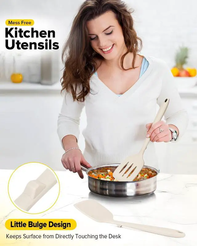 Alt view image 4 of 7 - Pack of 2 Silicone Spatula Turners, Non Stick Slotted Kitchen Spatula Set, Heat Resistant BPA Free Kitchen Utensils, One-Piece Design, Suitable for Flipping Fish, Eggs, Steak, Pancakes(KHAKI)