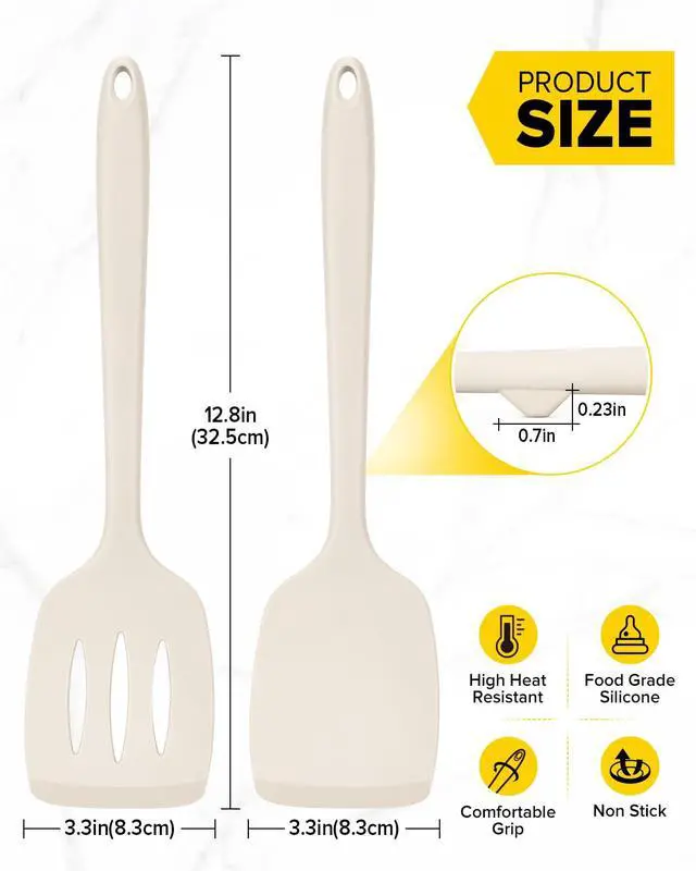 Alt view image 3 of 7 - Pack of 2 Silicone Spatula Turners, Non Stick Slotted Kitchen Spatula Set, Heat Resistant BPA Free Kitchen Utensils, One-Piece Design, Suitable for Flipping Fish, Eggs, Steak, Pancakes(KHAKI)