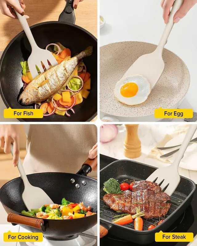 Alt view image 5 of 7 - Pack of 2 Silicone Spatula Turners, Non Stick Slotted Kitchen Spatula Set, Heat Resistant BPA Free Kitchen Utensils, One-Piece Design, Suitable for Flipping Fish, Eggs, Steak, Pancakes(KHAKI)
