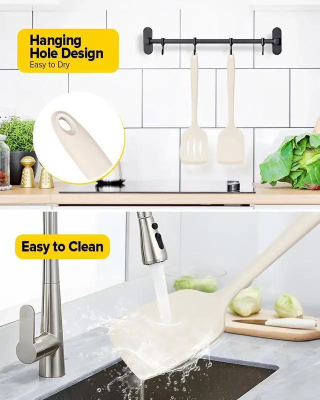 Alt view image 6 of 7 - Pack of 2 Silicone Spatula Turners, Non Stick Slotted Kitchen Spatula Set, Heat Resistant BPA Free Kitchen Utensils, One-Piece Design, Suitable for Flipping Fish, Eggs, Steak, Pancakes(KHAKI)