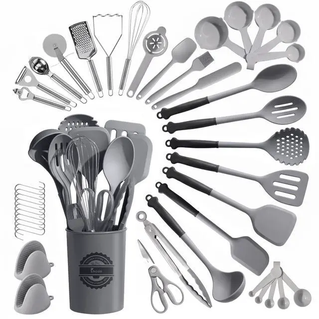 Main image of Silicone Kitchen Utensils Set, Dishwasher Safe Kitchen Cooking Utensils Set, 446°F Spatulas Silicone Heat Resistant, Non Toxic Silicone Utensils Set With Two-Tone Grip Handles, Gray