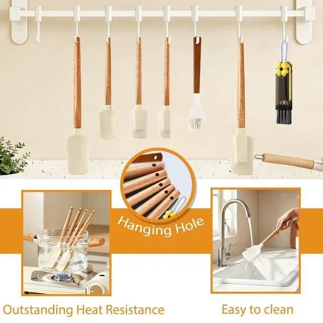 Alt view image 3 of 6 - Silicone Spatula Set, Food Grade Rubber Spatula Set with Wooden Handle, Heat Resistant Up to 600°F, Silicone Utensils Set for Baking, Cooking & Mixing, Jar, Non-Stick Kitchen Utensils