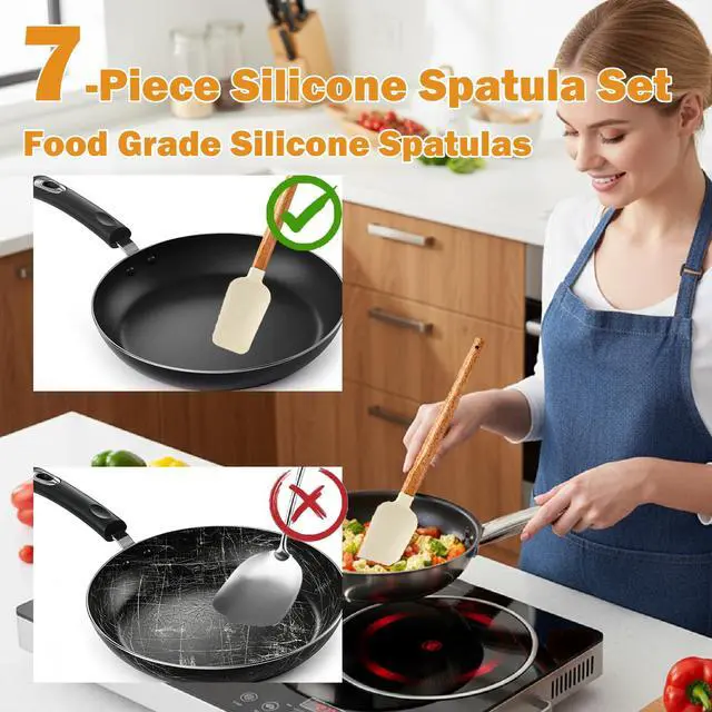 Alt view image 4 of 6 - Silicone Spatula Set, Food Grade Rubber Spatula Set with Wooden Handle, Heat Resistant Up to 600°F, Silicone Utensils Set for Baking, Cooking & Mixing, Jar, Non-Stick Kitchen Utensils