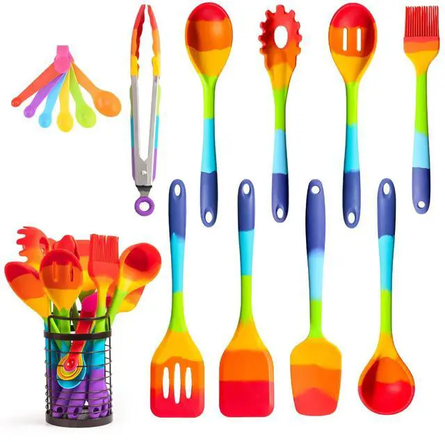 Main image of Rainbow Silicone Spatula Bundle with Holder & Measuring Spoons Multicolor Heat-Resistant Cooking Utensils for Nonstick Cookware Flexible Turner, Spoon, Spatula, Brush, FDA Safe