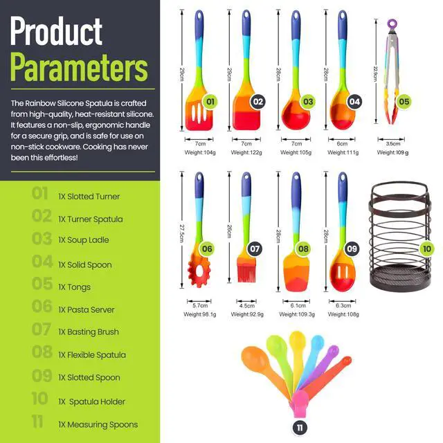 Alt view image 2 of 7 - Rainbow Silicone Spatula Bundle with Holder & Measuring Spoons Multicolor Heat-Resistant Cooking Utensils for Nonstick Cookware Flexible Turner, Spoon, Spatula, Brush, FDA Safe