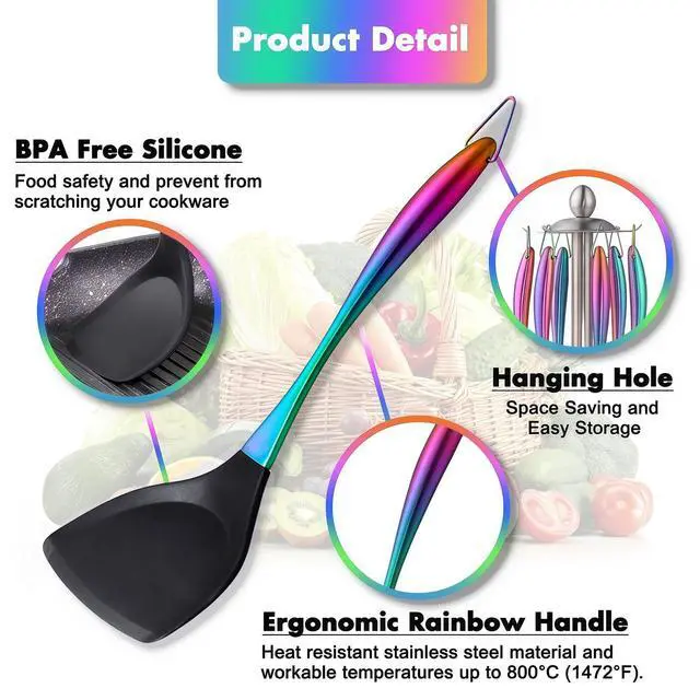 Alt view image 2 of 7 - Silicone Cooking Utensils Set, 17pcs Kitchen Utensil Set with Rotatable Holder, Heat-Resistant Silicone Utensils for Cooking, Non-Stick Spatula Set with Stainless Steel Handle,Turner,Ladle (Rainbow)