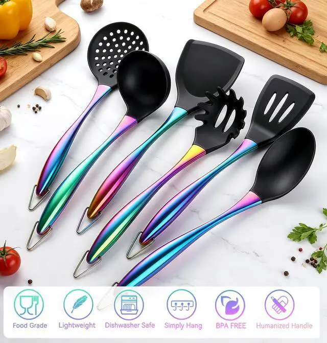 Alt view image 3 of 7 - Silicone Cooking Utensils Set, 17pcs Kitchen Utensil Set with Rotatable Holder, Heat-Resistant Silicone Utensils for Cooking, Non-Stick Spatula Set with Stainless Steel Handle,Turner,Ladle (Rainbow)
