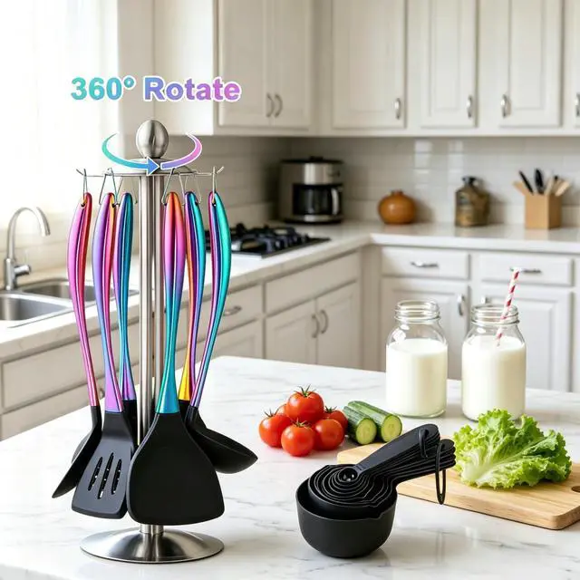 Alt view image 4 of 7 - Silicone Cooking Utensils Set, 17pcs Kitchen Utensil Set with Rotatable Holder, Heat-Resistant Silicone Utensils for Cooking, Non-Stick Spatula Set with Stainless Steel Handle,Turner,Ladle (Rainbow)