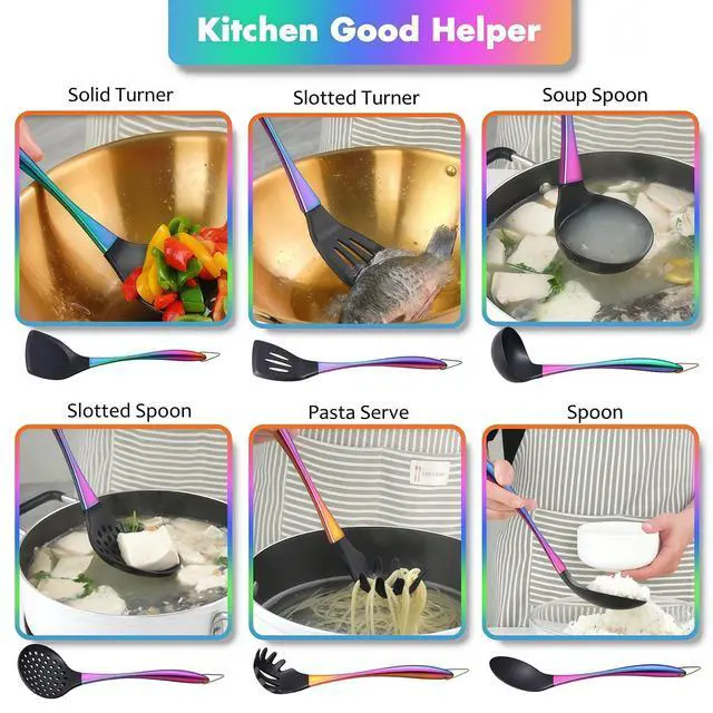 Alt view image 6 of 7 - Silicone Cooking Utensils Set, 17pcs Kitchen Utensil Set with Rotatable Holder, Heat-Resistant Silicone Utensils for Cooking, Non-Stick Spatula Set with Stainless Steel Handle,Turner,Ladle (Rainbow)