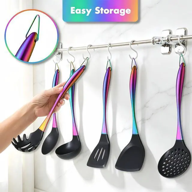 Alt view image 5 of 7 - Silicone Cooking Utensils Set, 17pcs Kitchen Utensil Set with Rotatable Holder, Heat-Resistant Silicone Utensils for Cooking, Non-Stick Spatula Set with Stainless Steel Handle,Turner,Ladle (Rainbow)