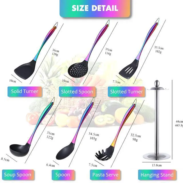 Alt view image 7 of 7 - Silicone Cooking Utensils Set, 17pcs Kitchen Utensil Set with Rotatable Holder, Heat-Resistant Silicone Utensils for Cooking, Non-Stick Spatula Set with Stainless Steel Handle,Turner,Ladle (Rainbow)