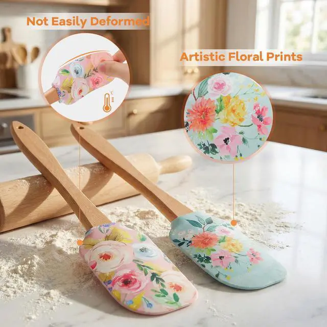 Alt view image 2 of 7 - Floral Silicone Spatula Set with Wooden Handle, Heat Resistant Rubber Scraper for Baking Cake Mixing, Non-Stick Kitchen Utensils for Cooking, Flower Pattern 11.8 Inch