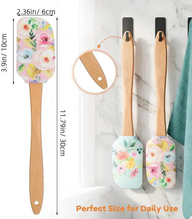 Alt view image 3 of 7 - Floral Silicone Spatula Set with Wooden Handle, Heat Resistant Rubber Scraper for Baking Cake Mixing, Non-Stick Kitchen Utensils for Cooking, Flower Pattern 11.8 Inch